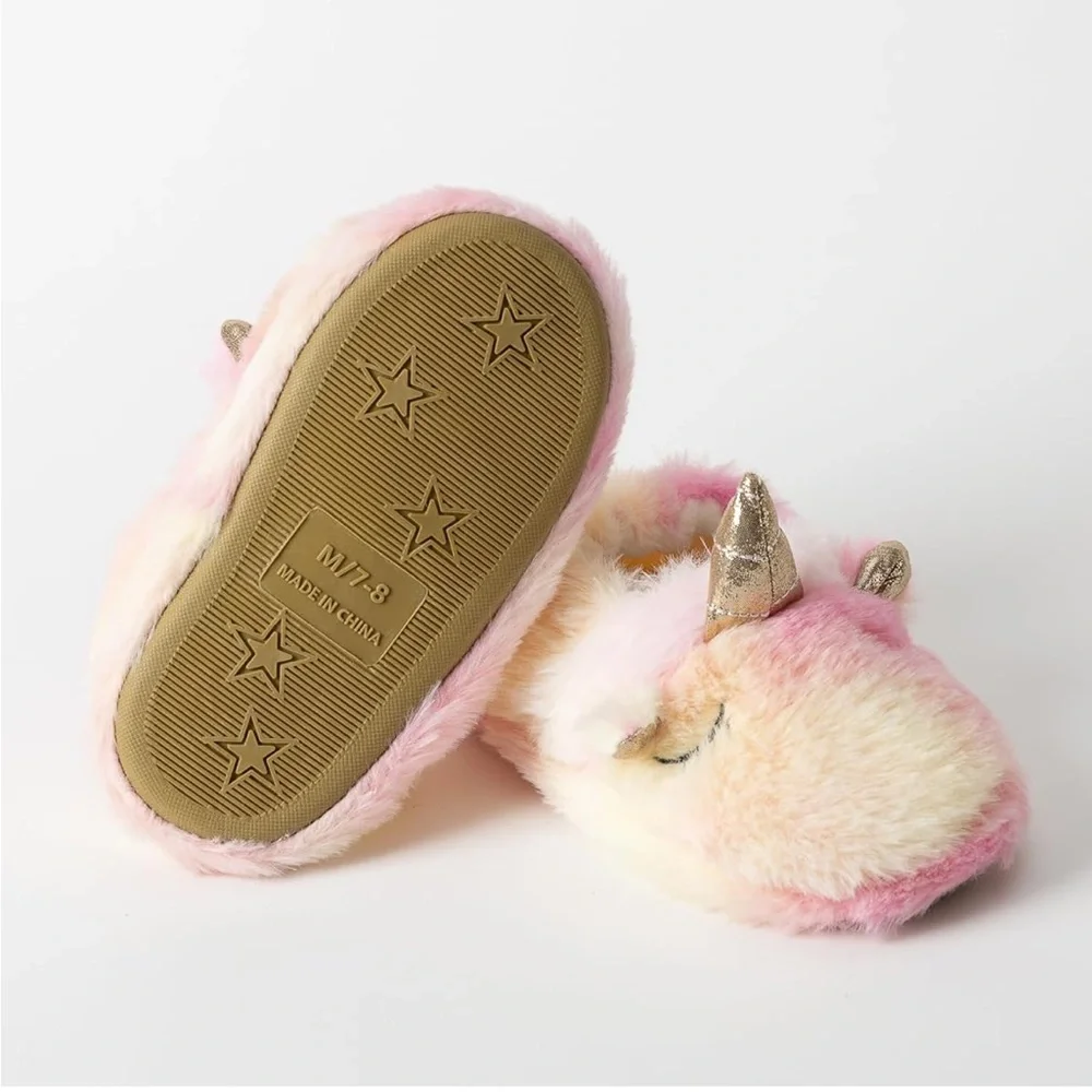 Unicorn Plush Slippers‎ with No- slip Rubber Sole in Pink and Cream, 7-8
